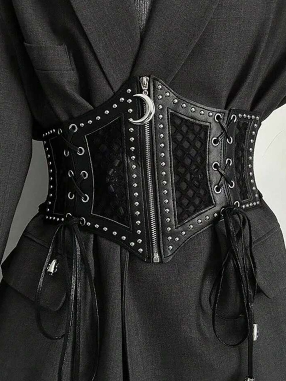 New black and silver moon goth corset tie up belt